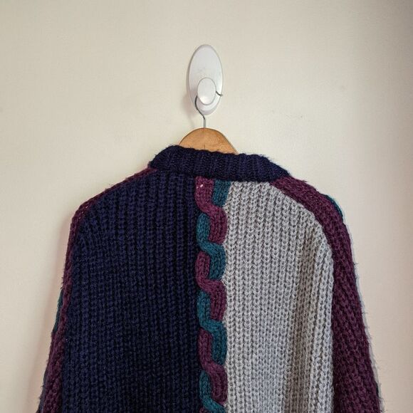 VINTAGE Jewel Tones Wool Open Front Oversized Chunky Cable Knit Cardigan… - Picture 4 of 12
